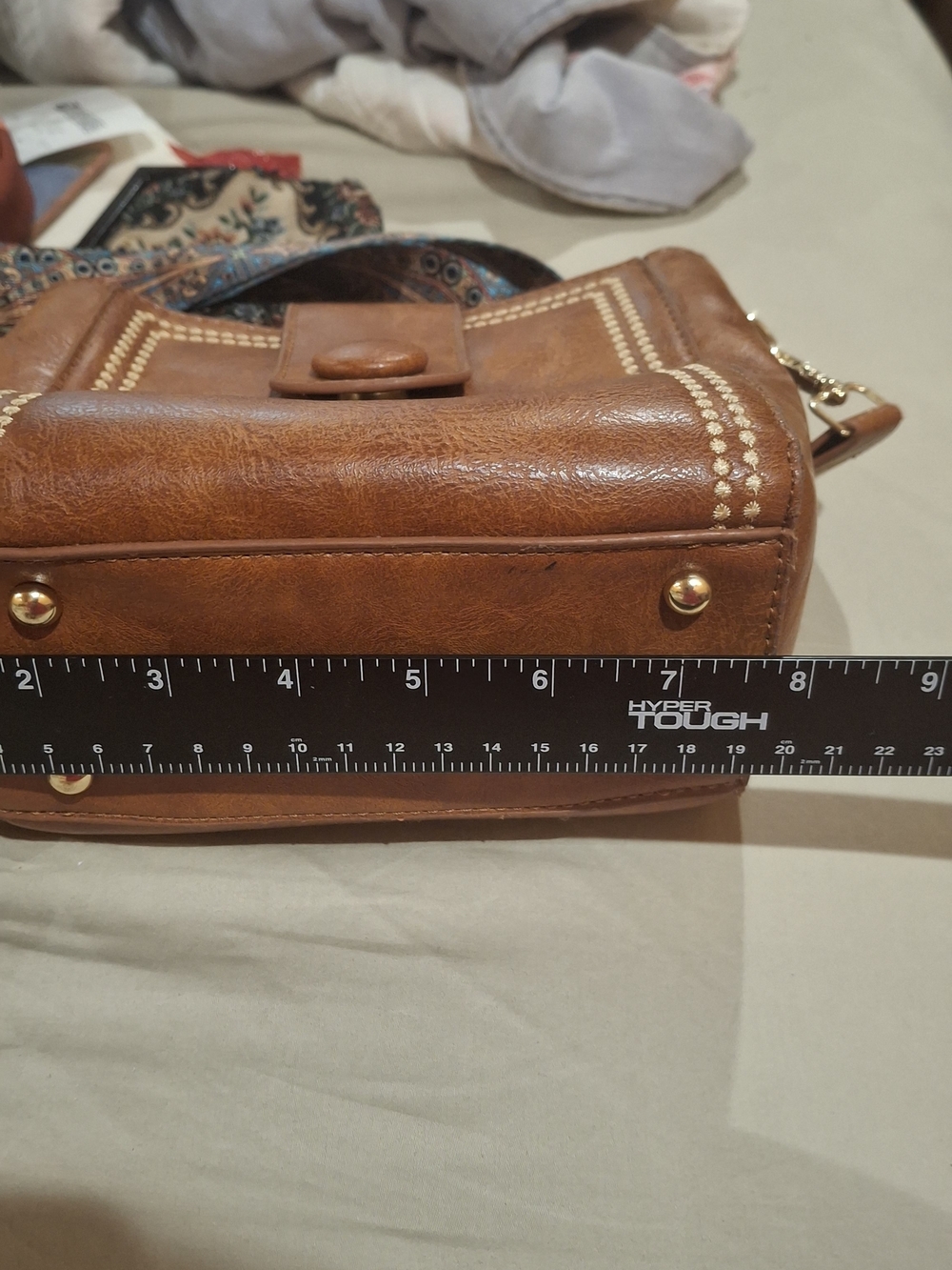 Brown Leather Crossbody with Patterned Blue Multi-Color Adjustable Strap - Picture 9 of 9